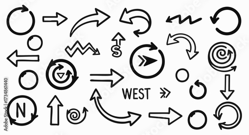 Hand-drawn black and white arrow icon set, including straight, curved, circular, and zigzag pointers