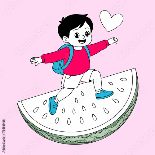 A cheerful boy with a backpack happily rides a watermelon slice, embodying a sense of joy and playfulness on a pink background, perfect for summer themes and children's art.