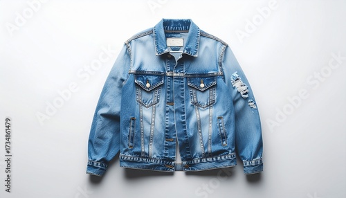 A folded denim jacket with ripped texture, displayed on white background, high-resolution fashion product photo.