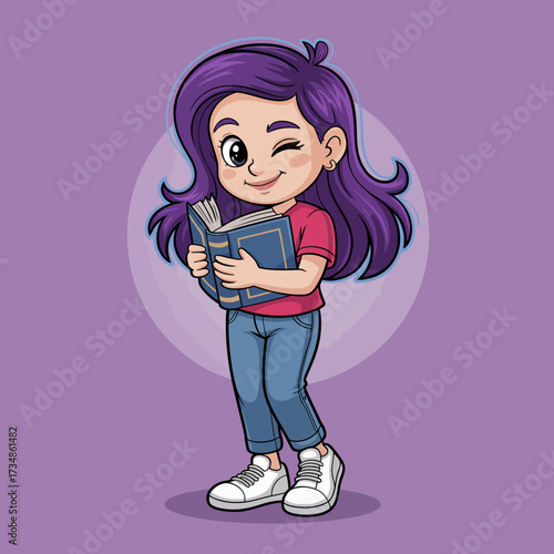 This charming illustration features a young girl with purple hair playfully winking while holding a book, symbolizing joy, curiosity, and the magic of reading in youth.