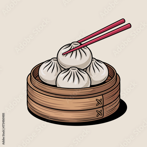A mouth-watering depiction of soft dumplings arranged neatly in a bamboo steamer, ideal for food enthusiasts looking for authentic Asian cuisine imagery.