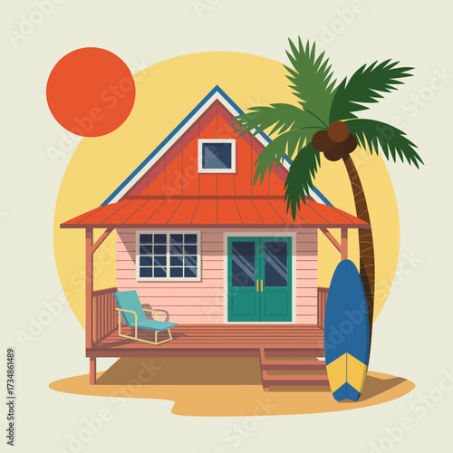 This vibrant illustration of a beach house, surfboard, and palm tree evokes tropical bliss and relaxation, captivating the essence of summer vacations and seaside living.