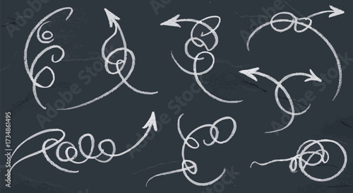 Hand-drawn chalk arrows and messy looping scribble lines set on a dark blackboard background