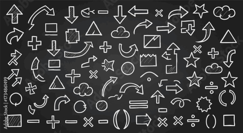 Hand-drawn chalk arrows, basic shapes, and various symbols forming a doodle pattern on a black chalkboard background
