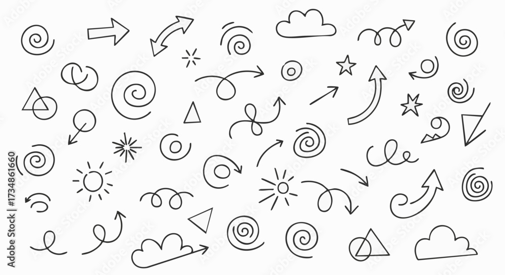 Naklejka premium Hand-drawn doodle design elements on white background. Includes arrows, spirals, clouds, stars, suns, triangles, and circles