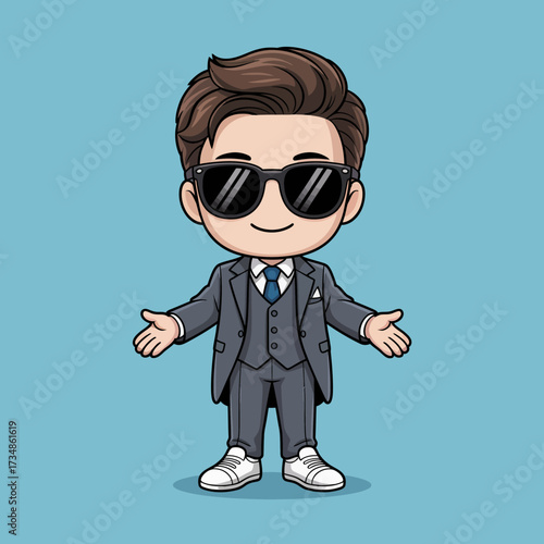 A charming young boy in a stylish suit and trendy sunglasses strikes a confident pose, representing confidence and charm, ideal for playful yet elegant imagery.