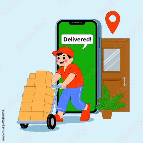 This illustration of a delivery person transporting packages from a smartphone captures the essence of convenience and modern technology in today's fast-paced world.
