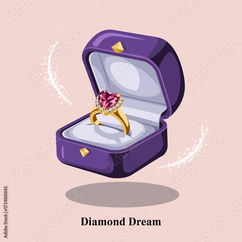 This luxurious ring box features a heart-shaped gemstone ring, symbolizing love and commitment, showcased in an elegant purple box with sparkling details to attract attention.