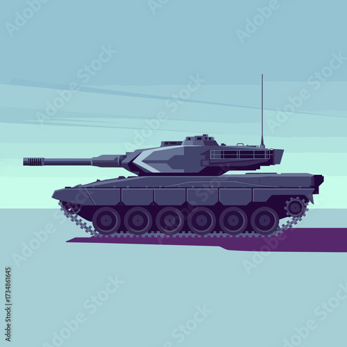 This image features a sleek, modern tank rendered in an artistic vector style, showcasing both military power and contemporary design aesthetics in a minimalist setting.