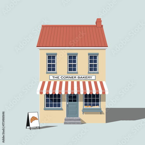 This charming bakery showcases a quaint atmosphere with its inviting entrance and striped awning, perfect for conveying warmth, community spirit, and delicious baked goods.