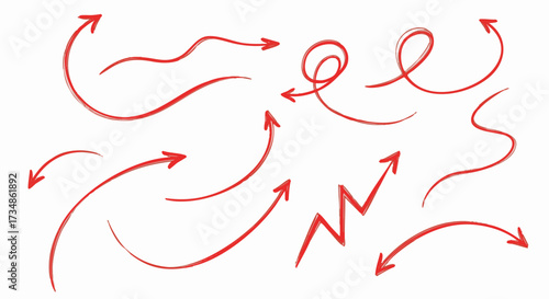 Hand-drawn red arrows on a white background. This set of arrows is perfect for graphic design, presentation elements, and business concepts