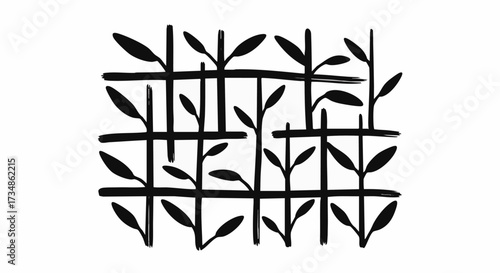 Minimalist black and white abstract pattern featuring hand-drawn bamboo stalks or sprouts growing through a grid structure