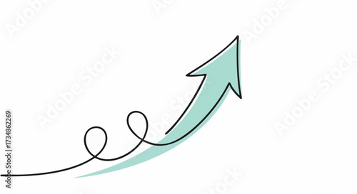 Minimalist line art drawing of a light green upward trending arrow with a looped beginning, symbolizing growth, success, and positive progress on a white background