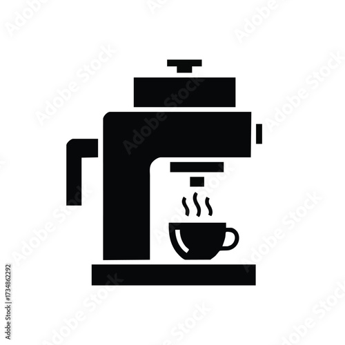Silhouette of a modern coffee machine dispensing hot beverage into a cup with steam rising in a minimalistic style
