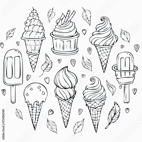 Set of collection ice cream (Sundae, cone ice cream, parfait, popsicle, stick ice cream) black and white illustration 