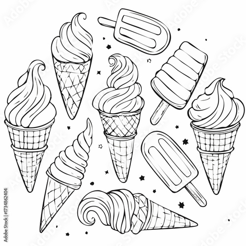 Set of collection ice cream (Sundae, cone ice cream, parfait, popsicle, stick ice cream) black and white illustration 