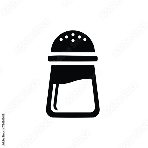 Simple black and white of a salt shaker with a rounded top and a rectangular base, representing seasoning containers for culinary use