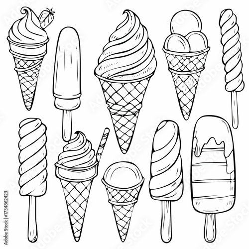 Set of collection ice cream (Sundae, cone ice cream, parfait, popsicle, stick ice cream) black and white illustration 