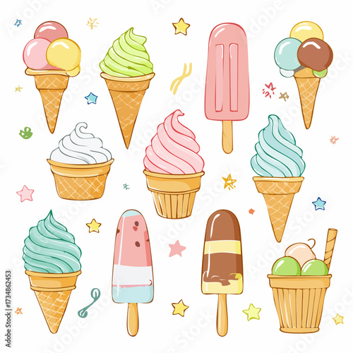 Set of cute collection of ice cream (Sundae, cone ice cream, parfait, popsicle, stick ice cream) pastel colored 