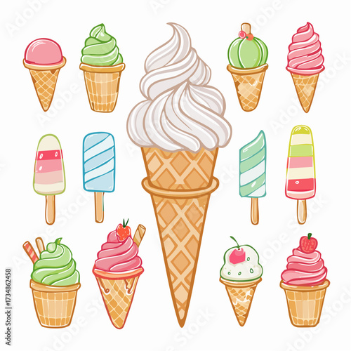 Set of cute collection of ice cream (Sundae, cone ice cream, parfait, popsicle, stick ice cream) pastel colored 