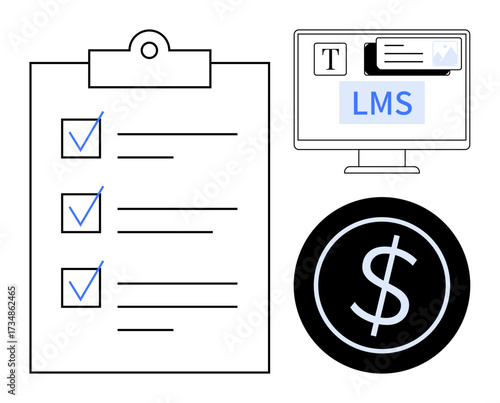Checklist with marks, LMS interface on a monitor, and a dollar sign emphasize productivity, e-learning, finances, planning, organization, goal setting, and success in a simple flat metaphor