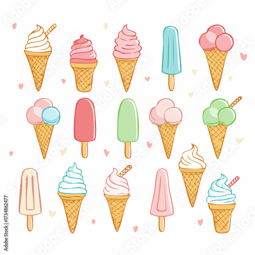 Set of cute collection of ice cream (Sundae, cone ice cream, parfait, popsicle, stick ice cream) pastel colored 