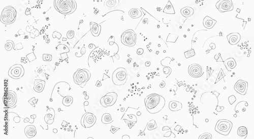 Seamless pattern featuring a chaotic array of hand-drawn geometric doodles, including spirals, circles, triangles, and squares on a bright white background