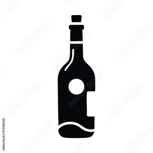 Stylized silhouette of a beverage bottle with a simple circular label and a narrow neck, set against a plain