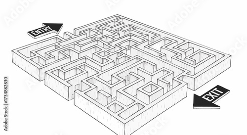 Sketch illustration of a complex 3D maze showing entry and exit points