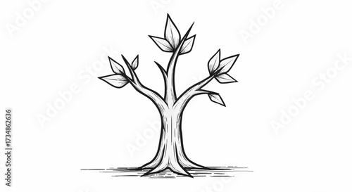 Simple black and white hand-drawn sketch of a young tree sapling with a few leaves, symbolizing growth and nature. Perfect for eco-friendly designs