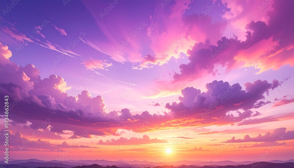 Fototapeta premium Vibrant Sky at Sunset: A Colorful Display of Clouds and Glowing Light