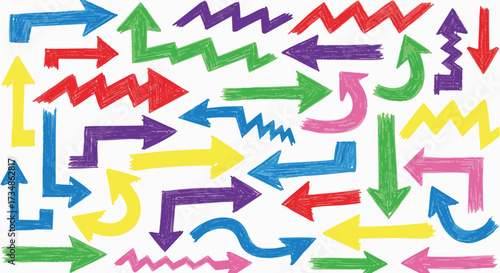 Vibrant collection of hand-drawn, colorful arrows pointing in various directions, perfect for indicating choice, direction, or movement