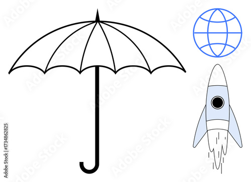 Open umbrella, simple rocket launching upwards, and globe outline. Ideal for risk management, innovation, travel, global ideas, exploration creativity strategy. Simple flat metaphor