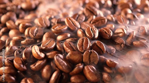 Coffee background. close up of roasted coffee beans with smoke rising and zoom in motion. Harvesting coffee fruits. Roasted beans close-up. Space for your text.
