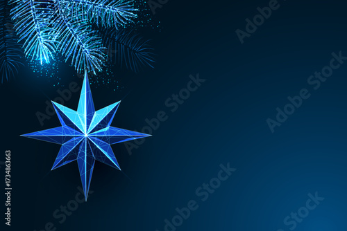 Glowing low poly Christmas star under pine branch, festive greeting card vector illustration