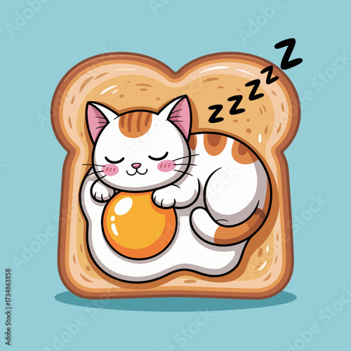 This adorable illustration features a fluffy cat peacefully napping on a slice of toast, paired with a bright yellow egg, capturing a whimsical and cozy atmosphere.