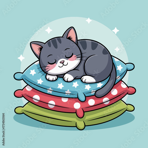 A cute, gray cat snoozes peacefully atop stacked cushions, showcasing its adorable features while radiating comfort and warmth in a cozy setting.