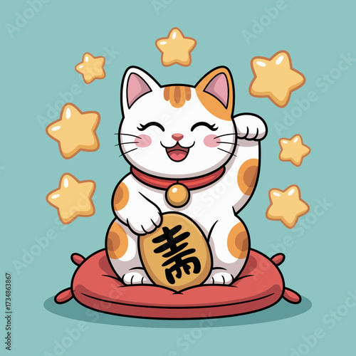 This charming illustration showcases a lucky cat figurine, known for bringing good fortune, with a content expression and surrounded by stars, perfect for decorative art.