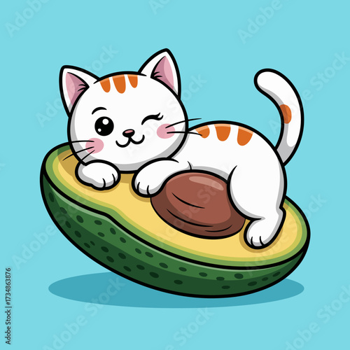 This delightful image features a sleepy cat comfortably lounging on a slice of avocado, blending cuteness with a trendy food item, evoking relaxation and enjoyment.