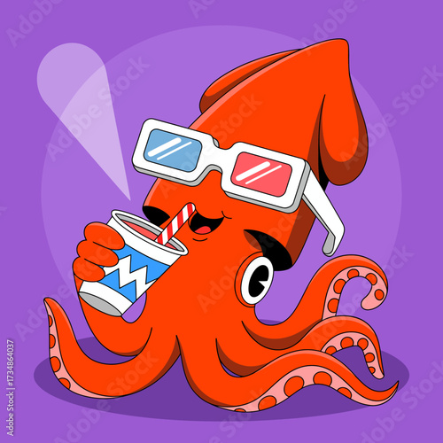 This vibrant image features a cartoon squid wearing 3D glasses while enjoying a drink, epitomizing a fun and playful atmosphere that's perfect for various projects.