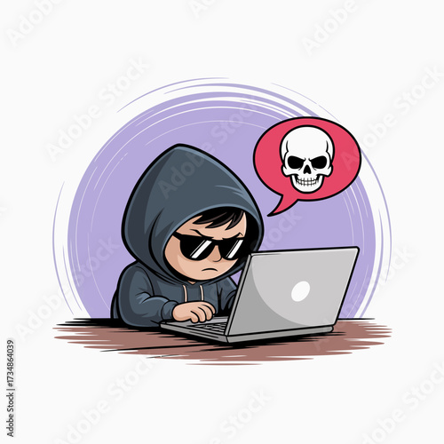 A serious young boy in a hoodie sits before a laptop, symbolizing the world of hacking, wrapped in mystery and intrigue with a digital skull icon for added effect.