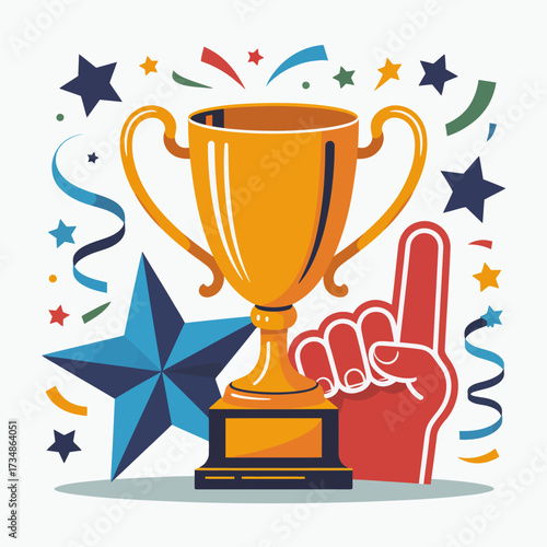This illustration showcases a gleaming gold trophy surrounded by exciting festive elements, representing achievement and celebration, perfect for rewarding success or accomplishments.