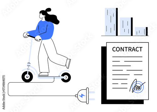Person on an electric scooter with charging plug connected. Nearby are a contract document with a signature and a bar graph. Ideal for mobility, technology, eco-energy, sustainability, business