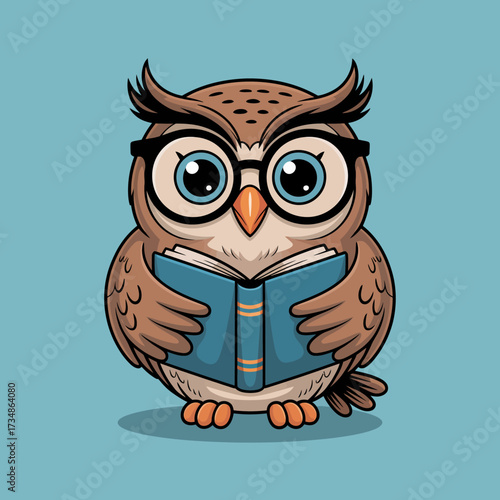This delightful illustration features a wise owl wearing glasses, eagerly reading a book, symbolizing knowledge, learning, and curiosity in a charming and friendly manner.