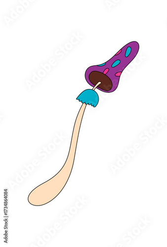 Colorful psychedelic mushroom as groovy cartoon sticker with magic fantasy style. Trippy shroom retro creative, funky retro groovy element forms playful sticker or art accent.