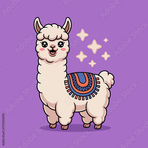 A delightful llama character with a fluffy coat and a vibrant saddle stands proudly against a cheerful purple background, capturing a sense of wonder and joy in its expression.