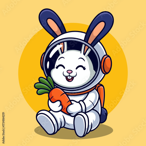 This charming image depicts a cute rabbit dressed in an astronaut suit, holding a carrot while seated in a celestial environment, representing exploration and cuteness.