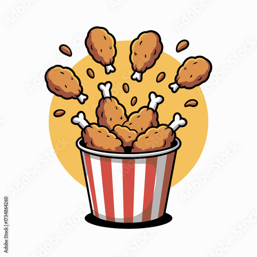 A vibrant bucket of fried chicken spills with pieces, evoking feelings of indulgence and happiness, perfect for gatherings, picnics, or family meals.