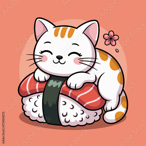 A cute cat resting on sushi rolls, blending culinary art with adorable animal charm, creating an inviting illustration that is both fun and appealing to food lovers.