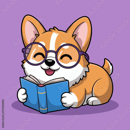 An adorable corgi wearing glasses happily reading a book, embodying a whimsical and cute character, perfect for showcasing love for reading and the joy of literature.